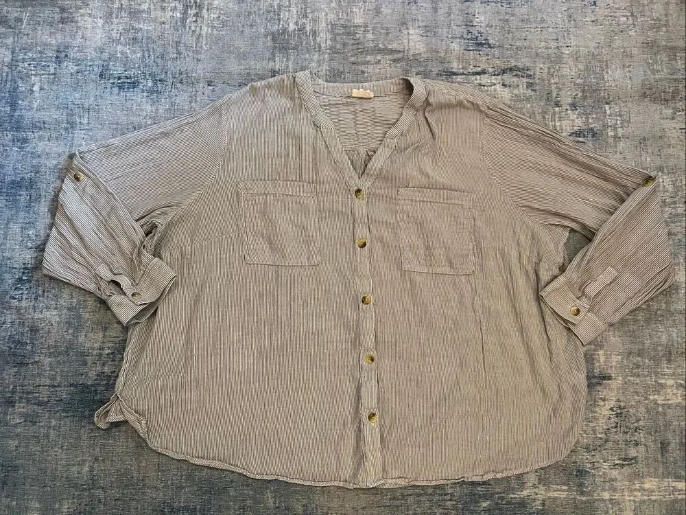 ANA A New Approach White Gray Twill Weave Stripe Button Front Tab Sleeve Top 3X